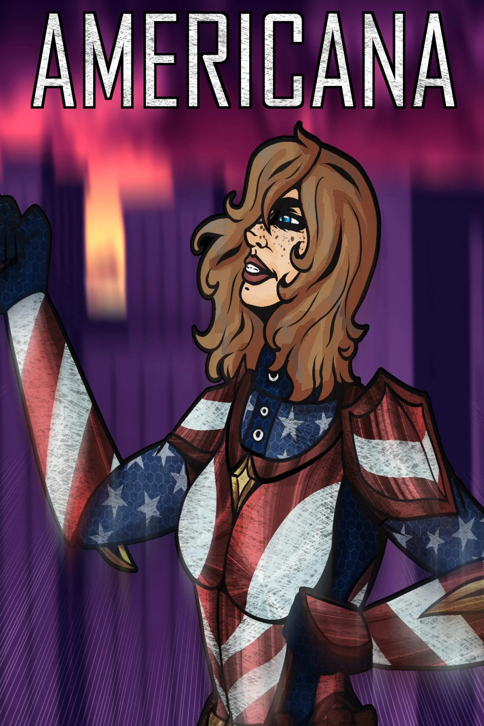 Concept poster artwork for the screenplay Americana, drawn by Hope Ford, showing a woman in a stars-and-stripes costume raising a fist against a purple skyline