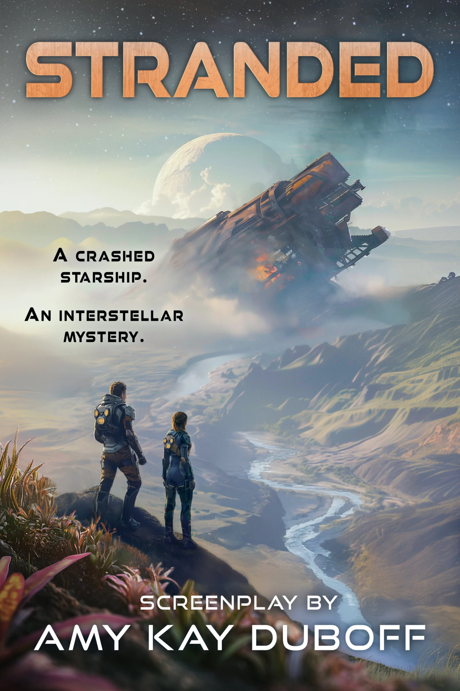 Poster for the screenplay Stranded by Amy Kay DuBoff: two space travelers look out over an alien valley as a crashed starship burns in the sky above them
