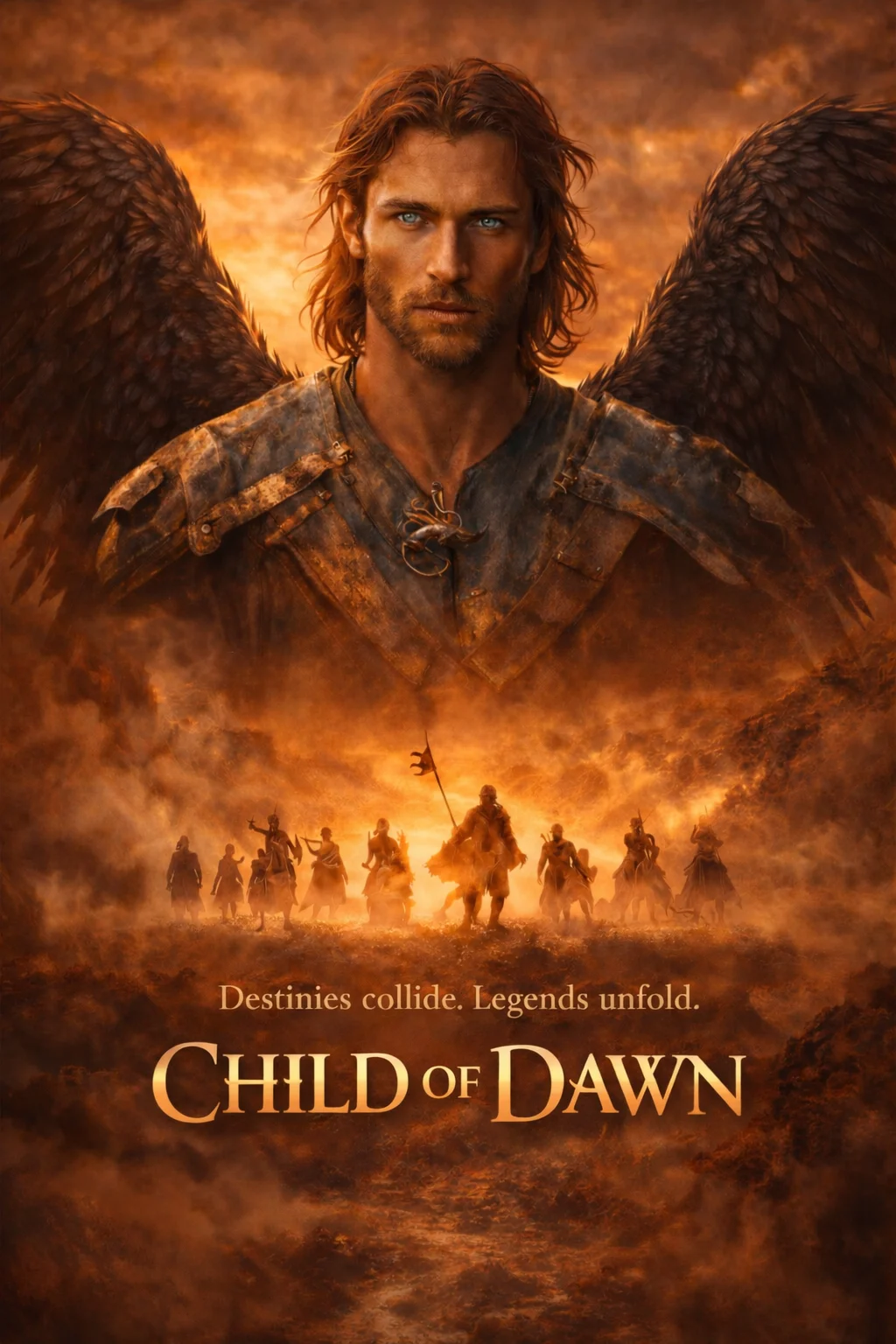 Poster for the screenplay Child of Dawn: a winged warrior stands over a company of fighters marching through a fiery haze, with the tagline Destinies collide. Legends unfold.