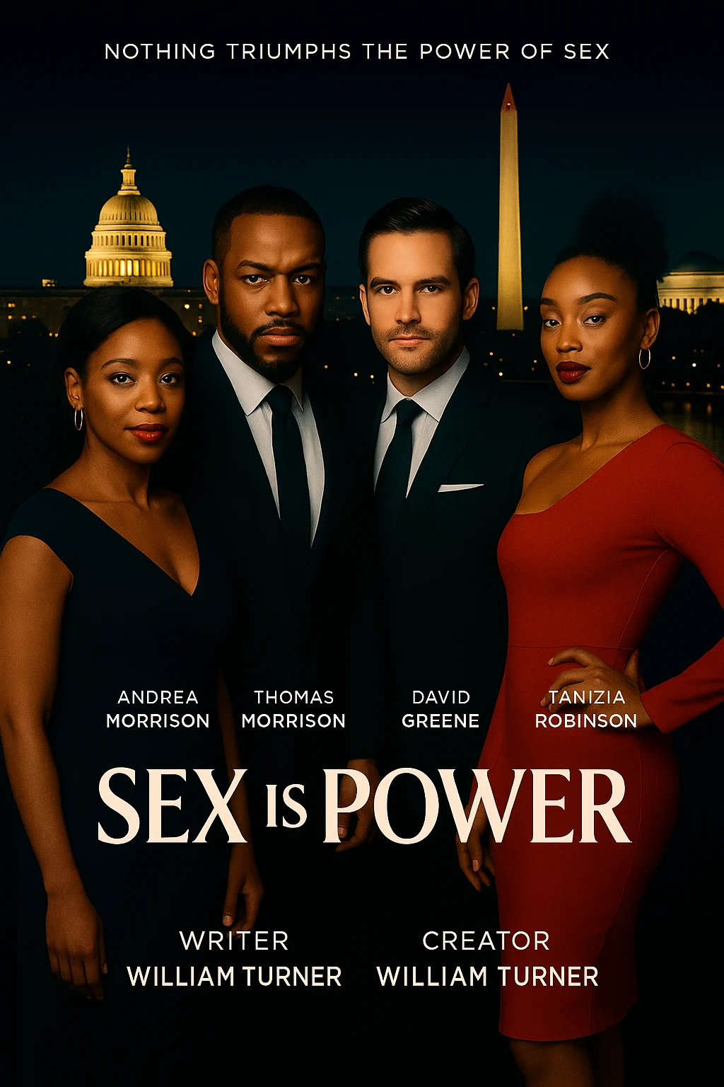 Concept poster for the series Sex is Power: four cast members stand before the Washington D.C. skyline at night, with the tagline Nothing triumphs the power of sex
