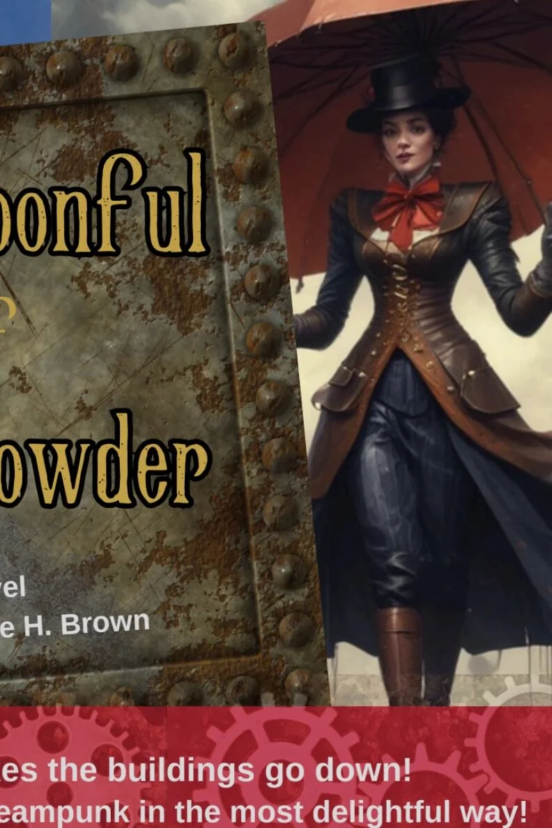 Poster artwork for the screenplay A Spoonful of Gunpowder, showing a steampunk-costumed heroine with an umbrella before a foggy London skyline