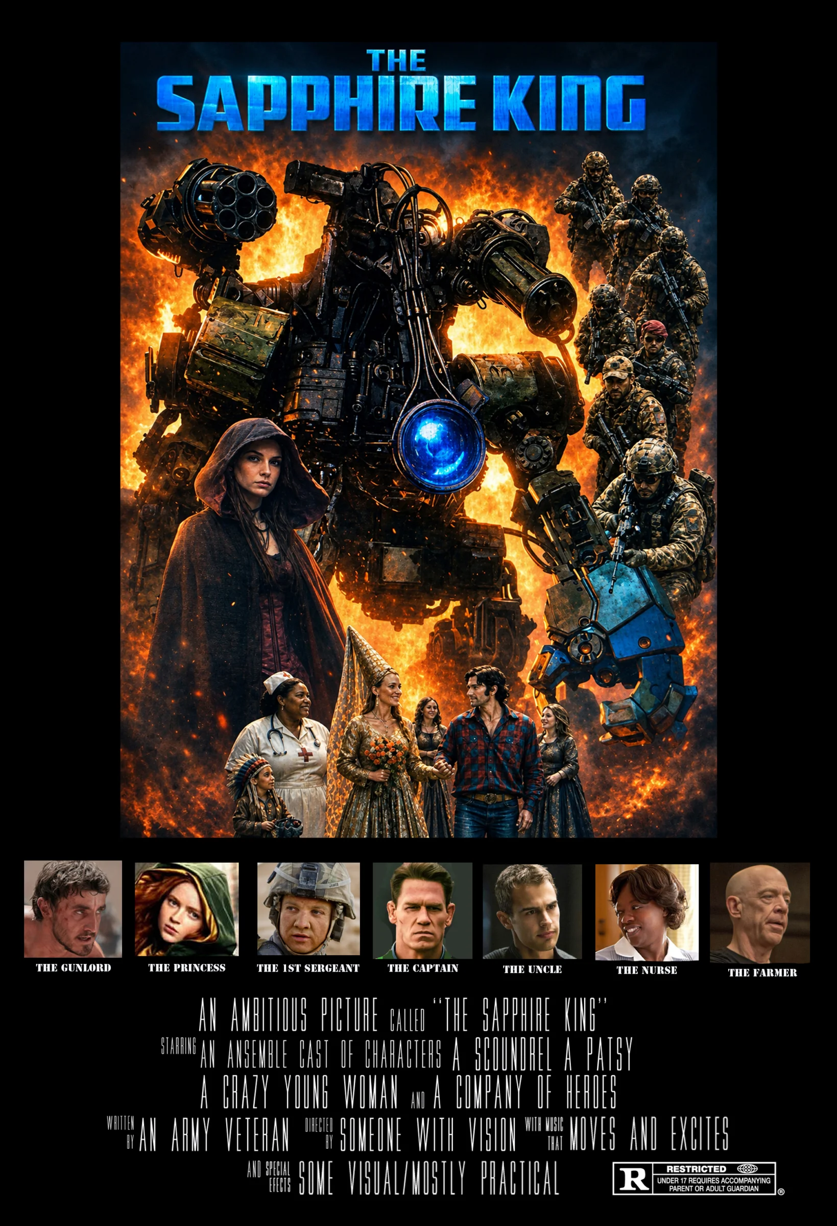 Concept poster for The Sapphire King: a hooded princess and a company of soldiers stand before a towering weaponized mining machine engulfed in flames, with cast portraits below