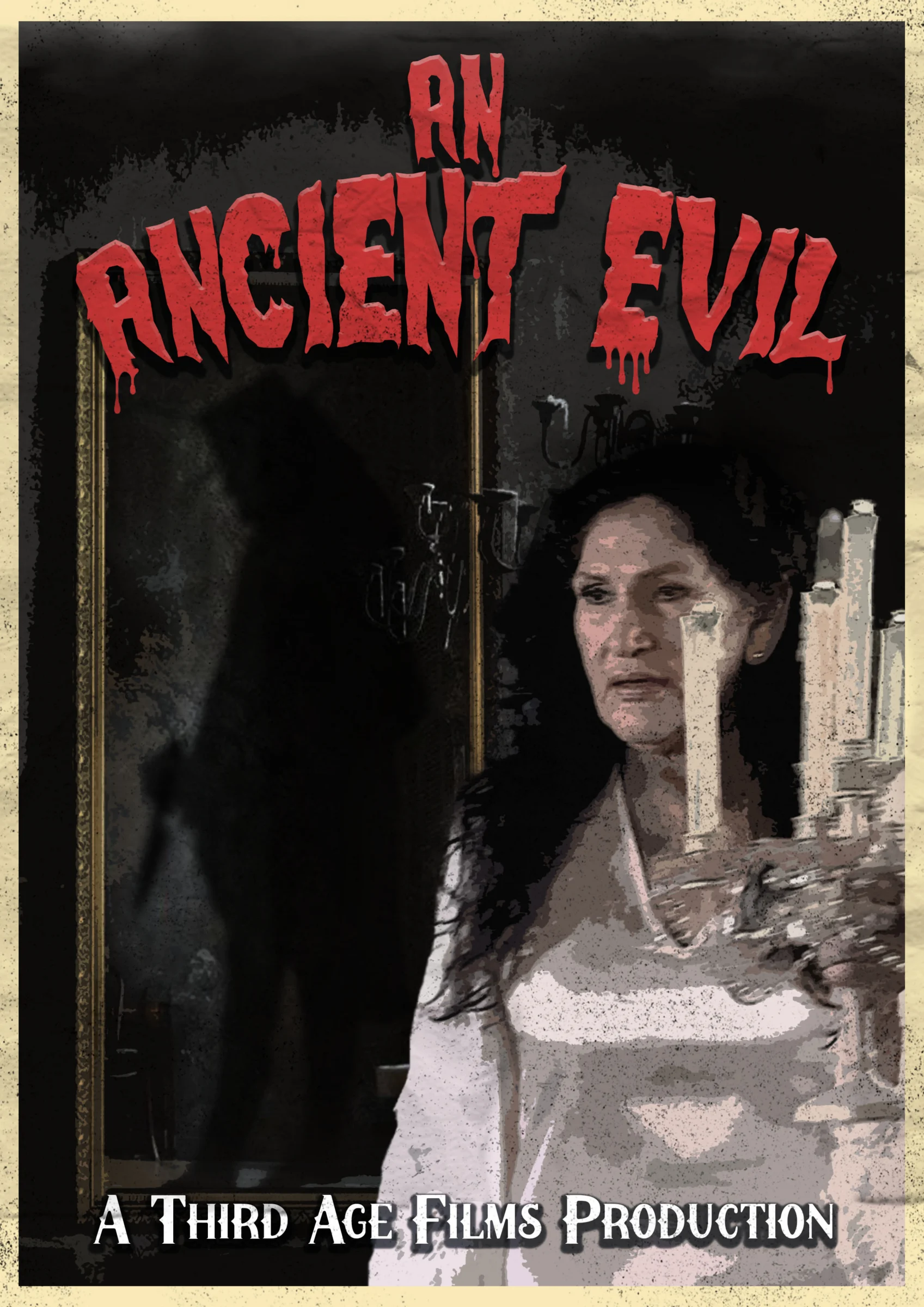 Poster for the film An Ancient Evil, showing a woman holding a candelabra beside an ornate mirror with a dark shadowy figure standing inside it
