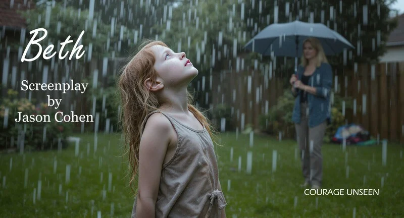 Title card artwork for the screenplay Beth by Jason Cohen, showing a young girl looking up in the rain while a woman holds an umbrella behind her, with the tagline Courage Unseen