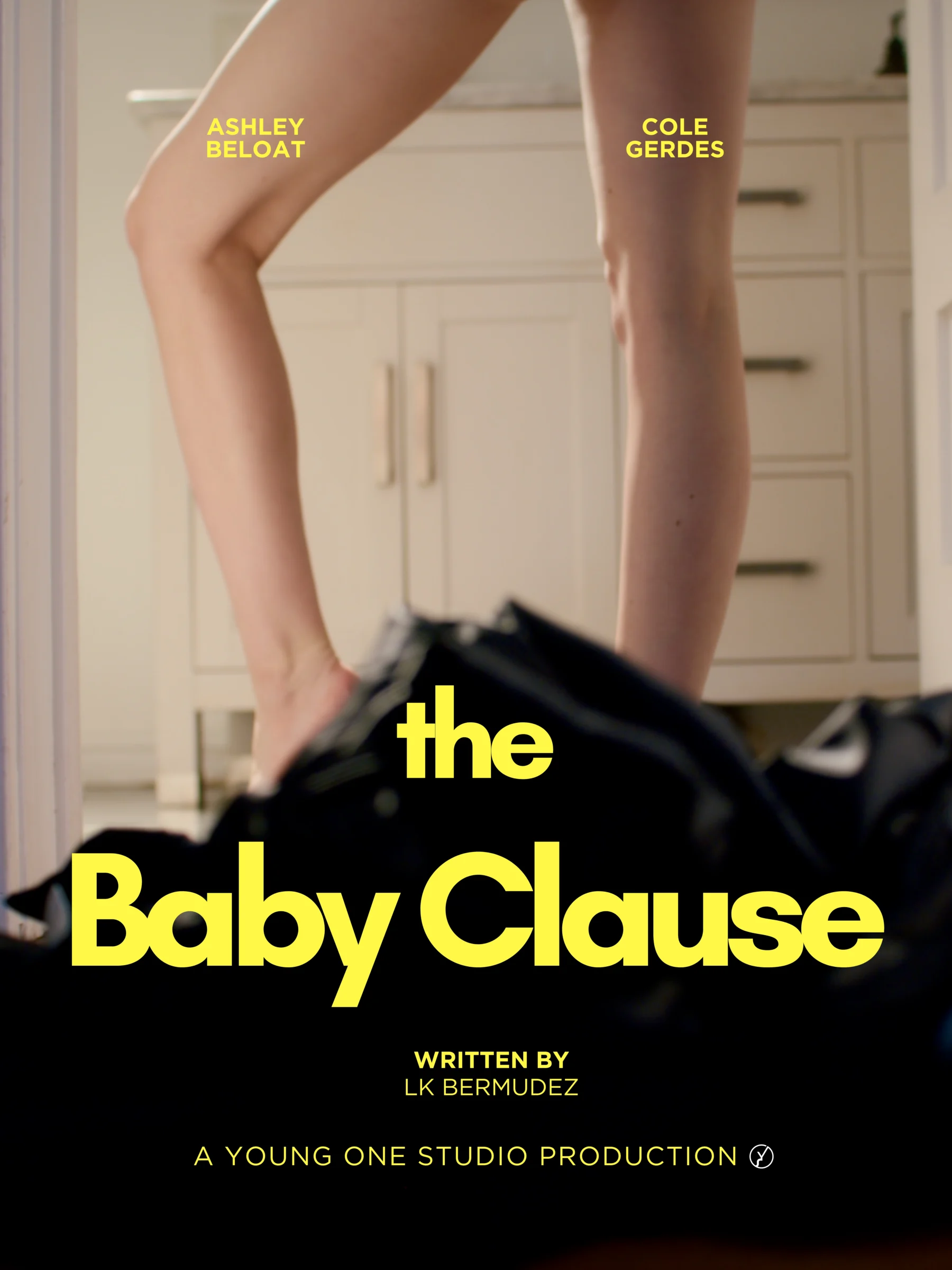 Poster for the film The Baby Clause, showing a woman's legs stepping over a packed duffel bag in a kitchen doorway