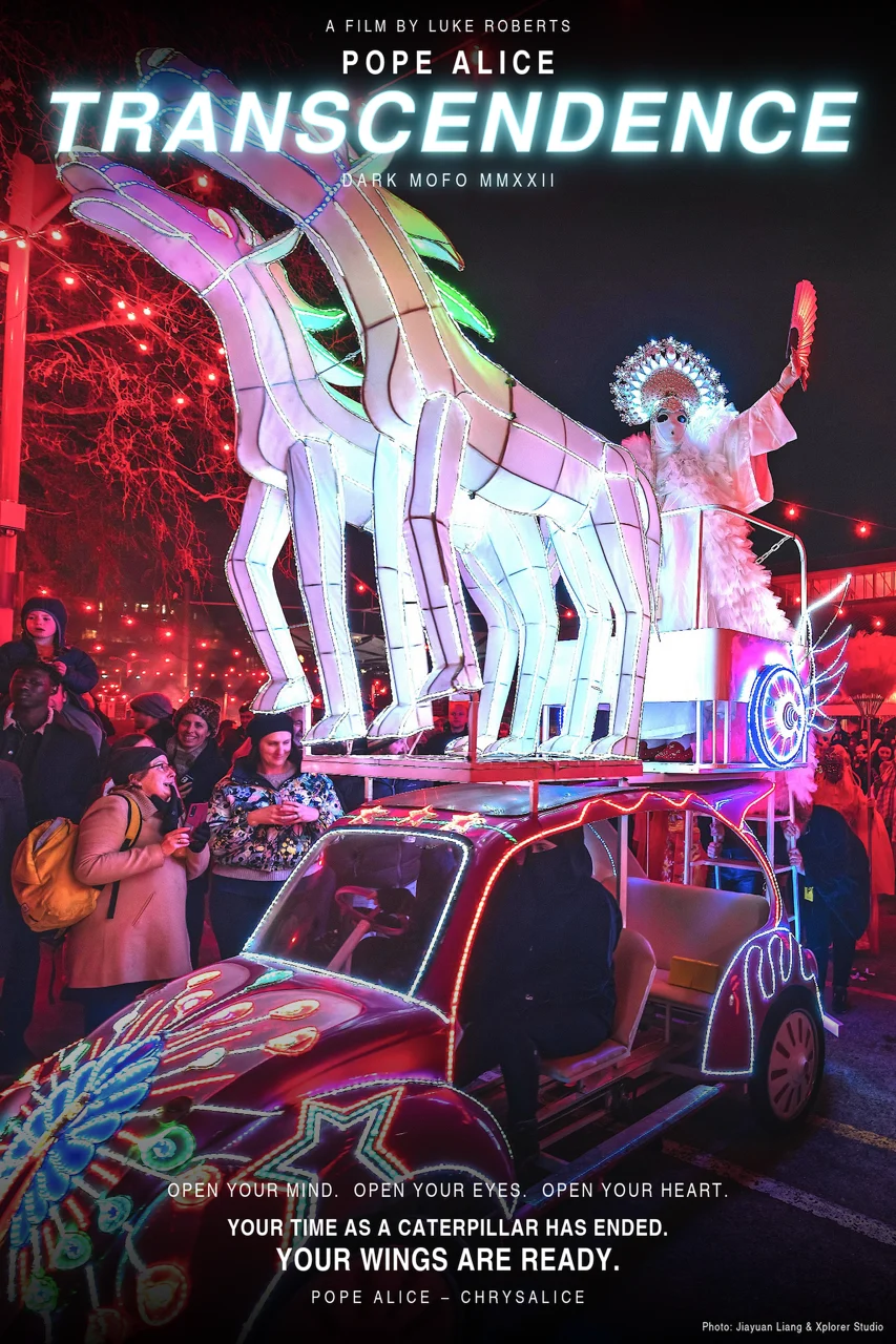 Poster for the film Pope Alice: Transcendence, showing Pope Alice atop an illuminated parade float shaped like winged horses amid a crowd under red string lights