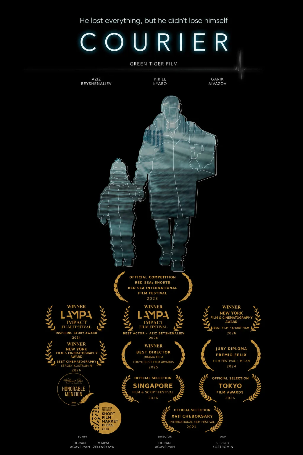 Poster for the film Courier, showing the outlined silhouettes of a courier and a child holding hands over a wintry photograph, with the glowing title above rows of festival laurels