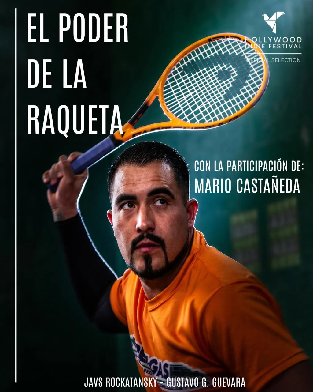 Poster for the documentary film Racket Power, showing a frontenis player mid-swing with a racket, featuring the participation of Mario Castañeda