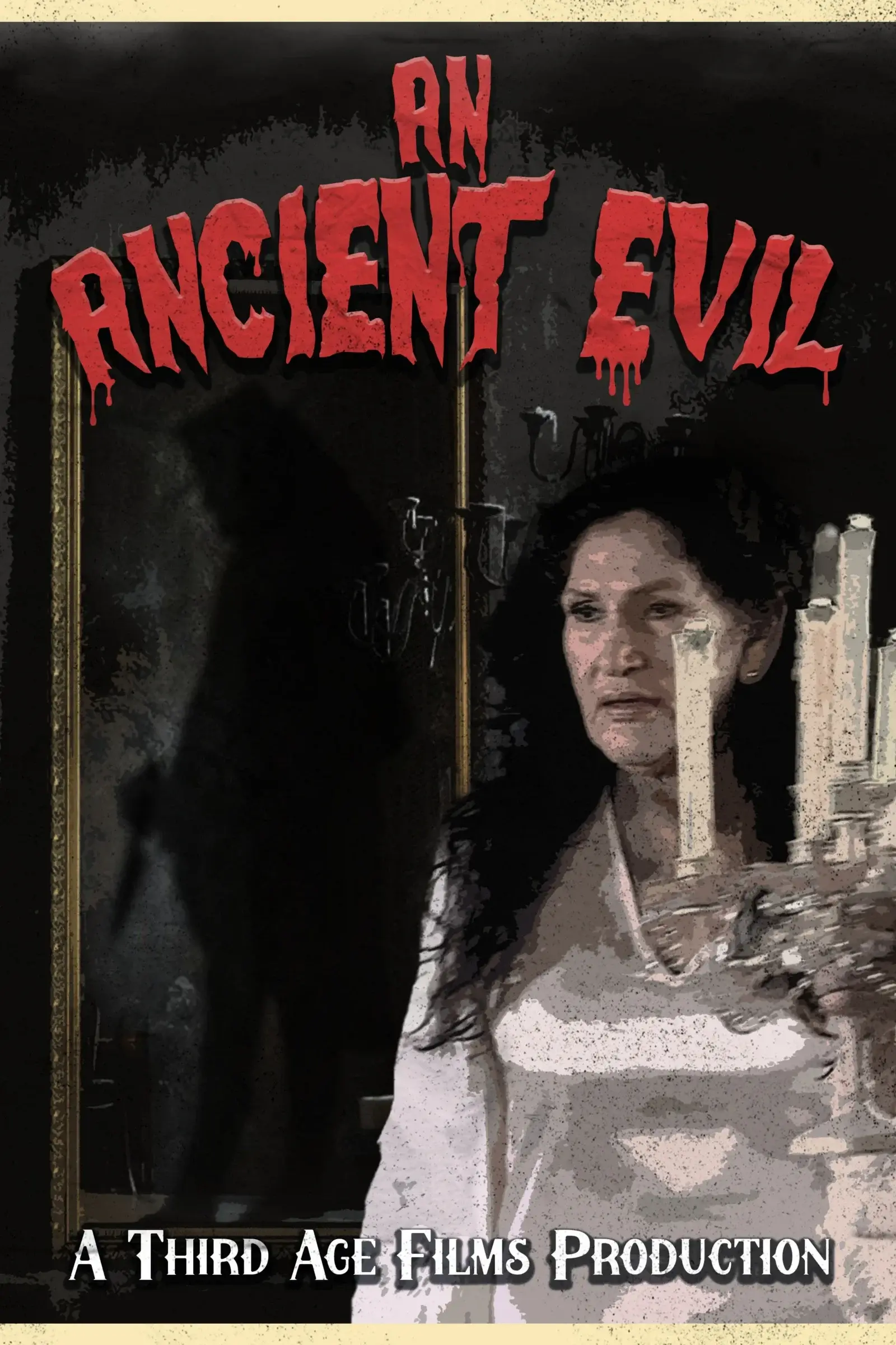 Poster for the film An Ancient Evil, showing a woman holding a candelabra beside an ornate mirror with a dark shadowy figure inside it