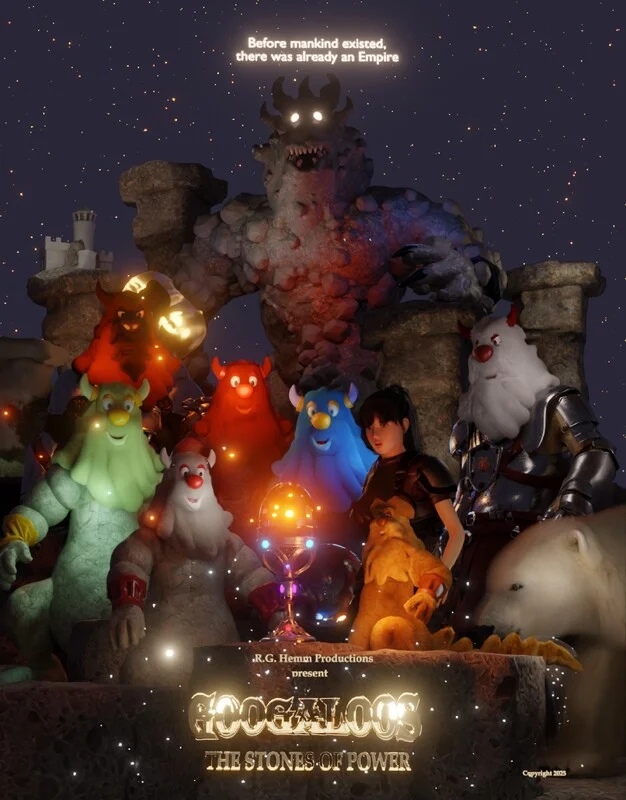 Poster for the film Googaloos - The Stones of Power, showing a band of creature warriors gathered before a towering stone demon under a starry night sky